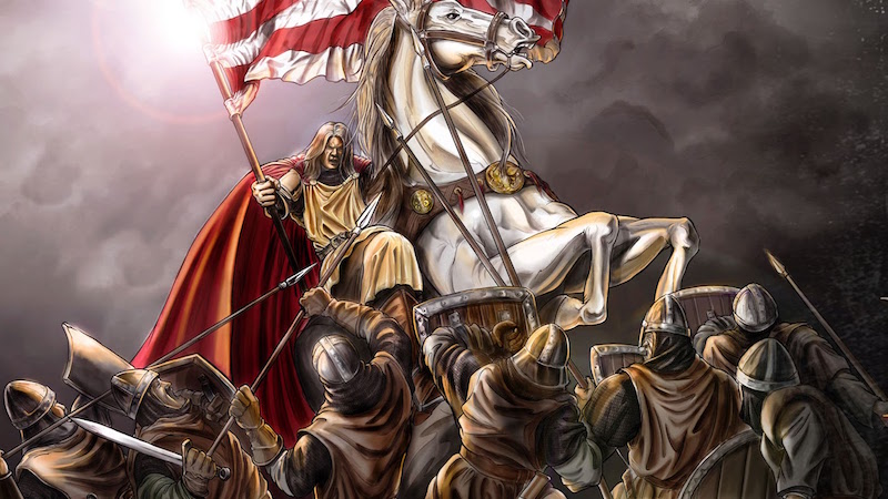 Magyar király árpádsávos zászlóval a kezében